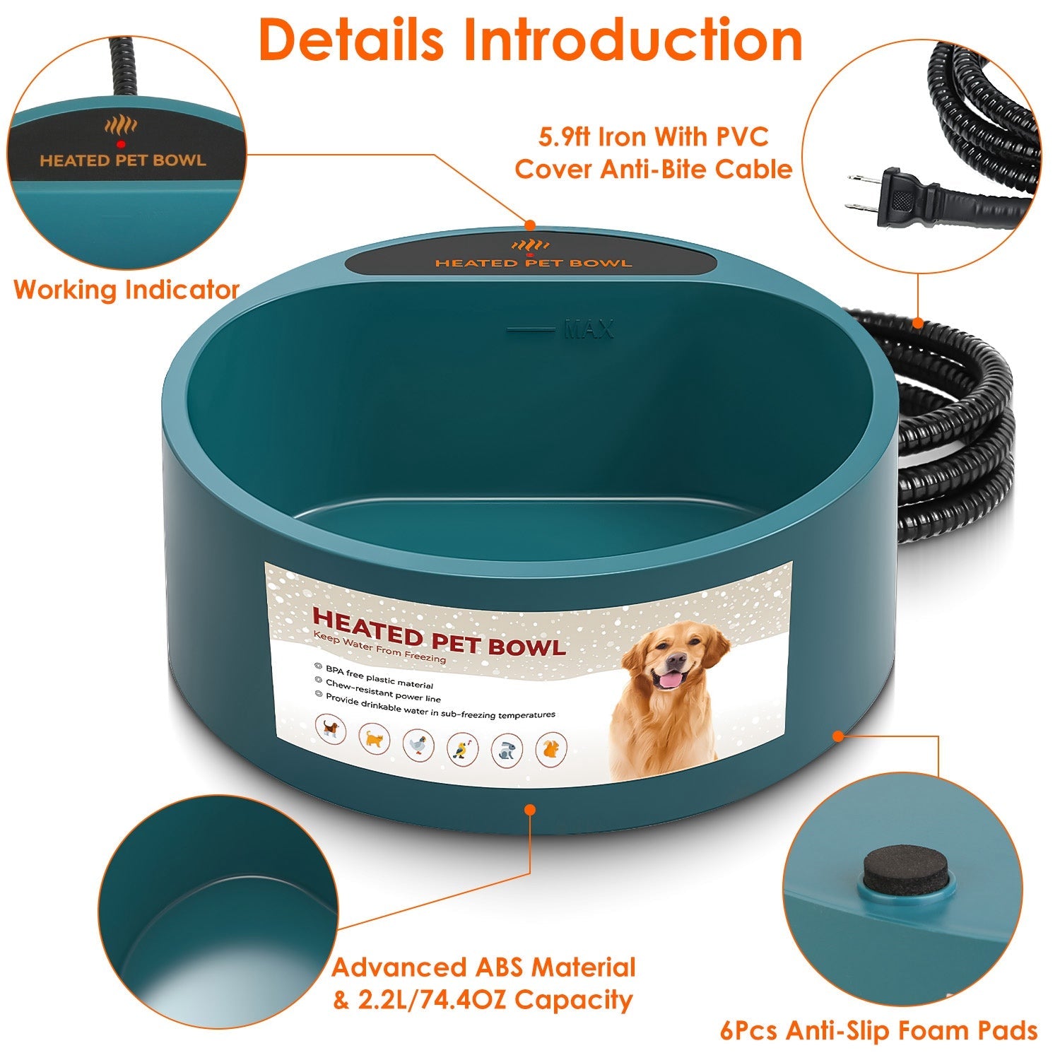 Heated Water Bowl for Dog Cat 74.4OZ Heating Water Dish IP67 Waterproof Thermal Water Bowl Heated Pet Bowl Dog Cat Water Feeder Bowl for Dog Cat Rabbi