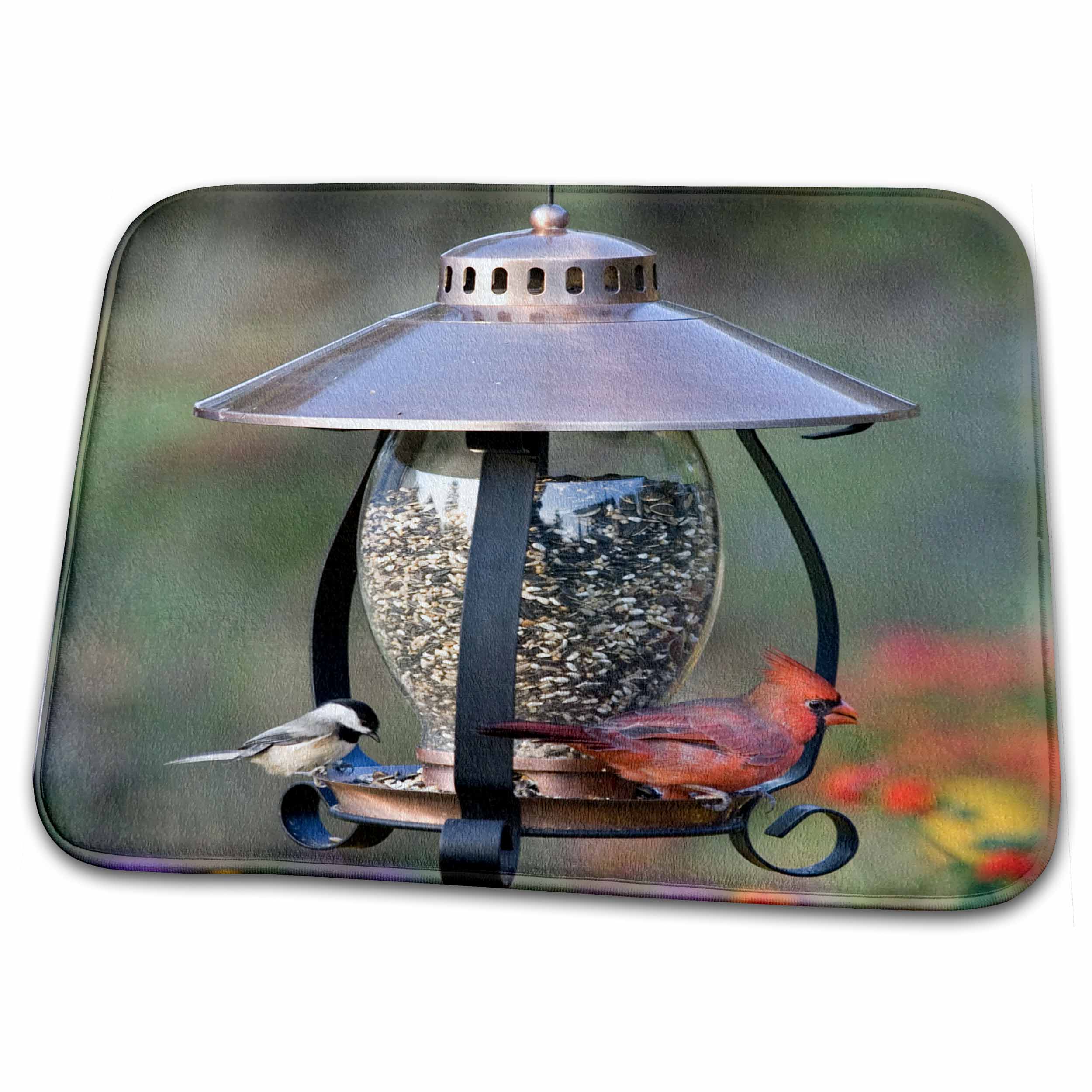Dish Drying Mat - Carolina Chickadee Northern Cardinal male on copper lantern feeder, IL Birds
