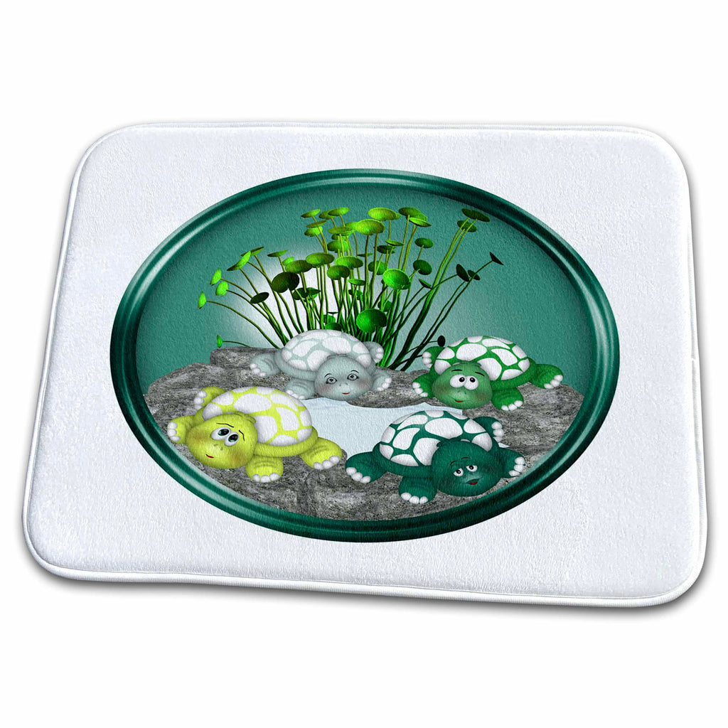 Dish Drying Mat - Four Cute Turtles In An Aquarium In Light Blue, Yellow, Green Turtles