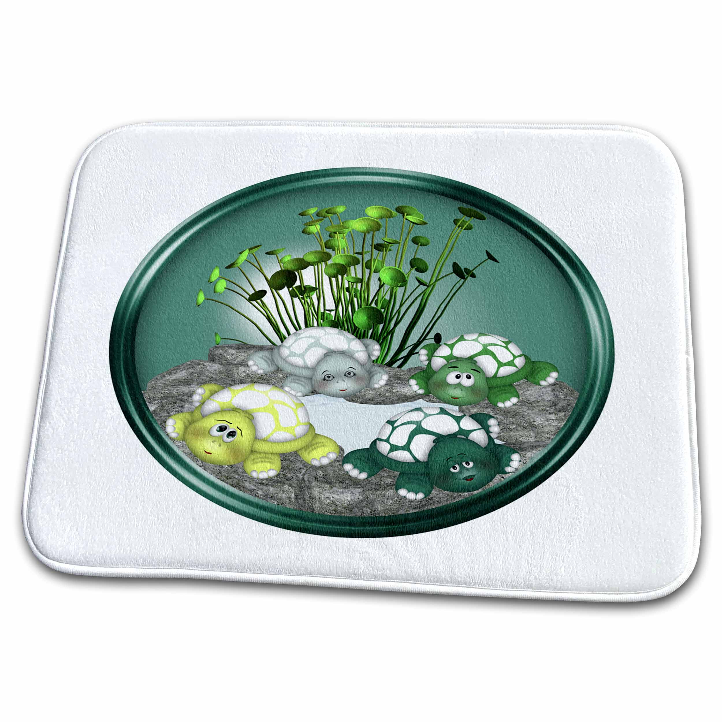 Dish Drying Mat - Four Cute Turtles In An Aquarium In Light Blue, Yellow, Green Turtles